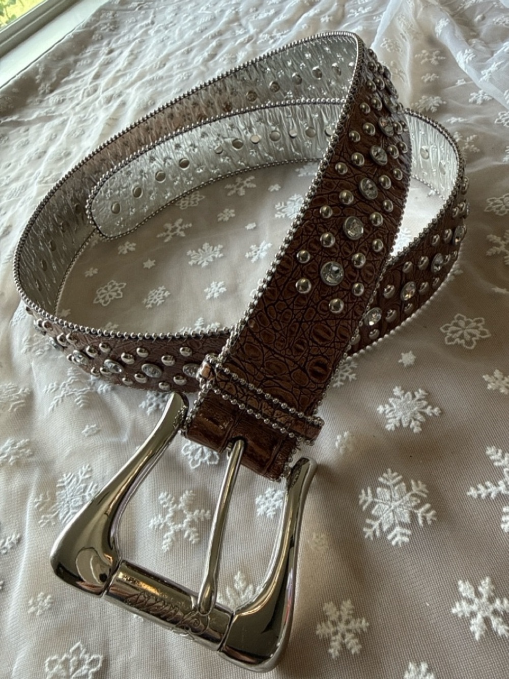 Guess Rhinestone Studded Leather Belt Brown Embossed Y2K Western Glam Statement